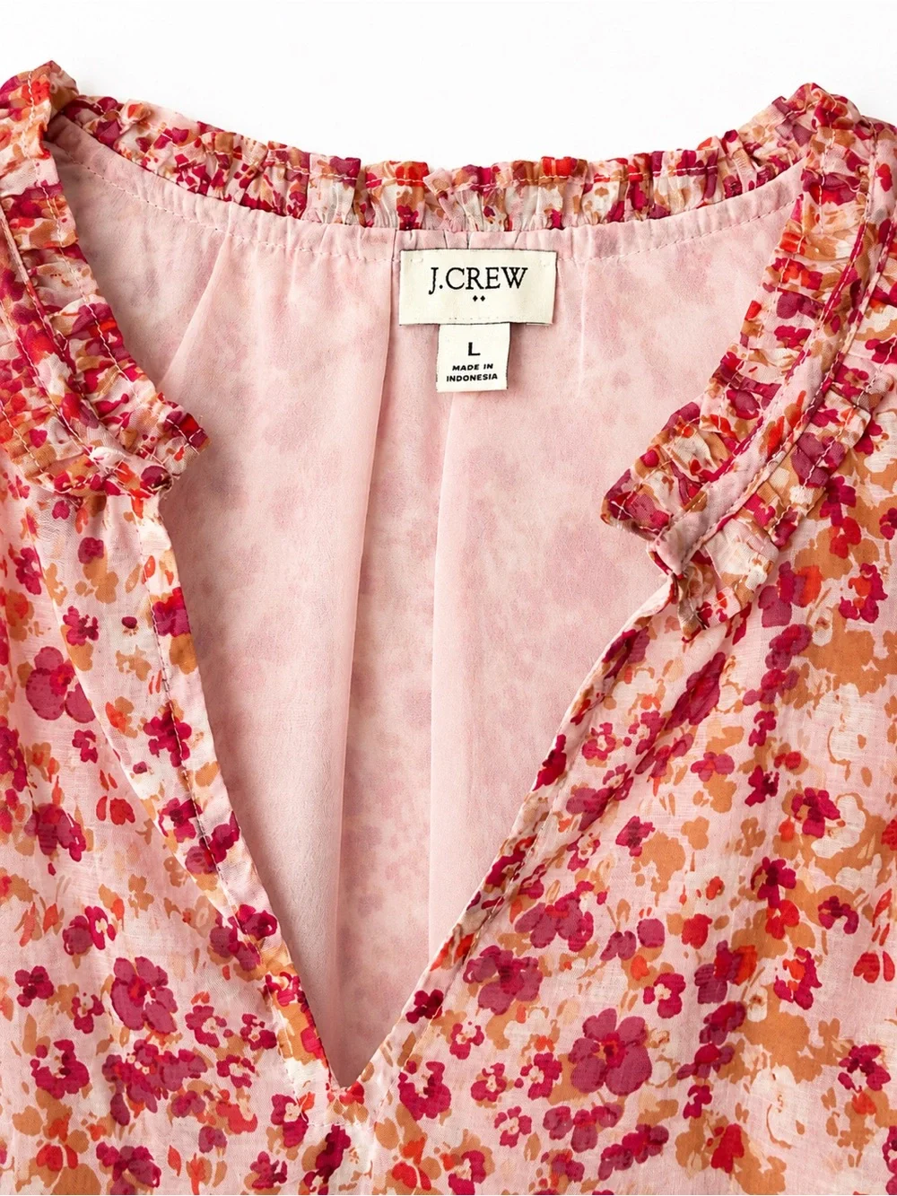 J.Crew Romantic Bohemian Pink Floral Ruffle Collar Long Sleeve Blouse - Size L